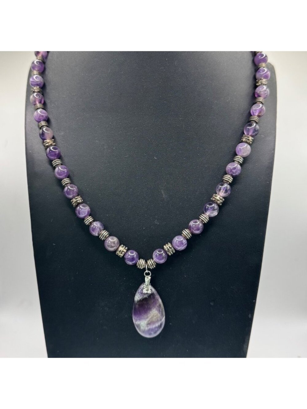 Amethyst Beaded Necklace Purple Gemstone Teardrop Pendant 19" Silver Accents